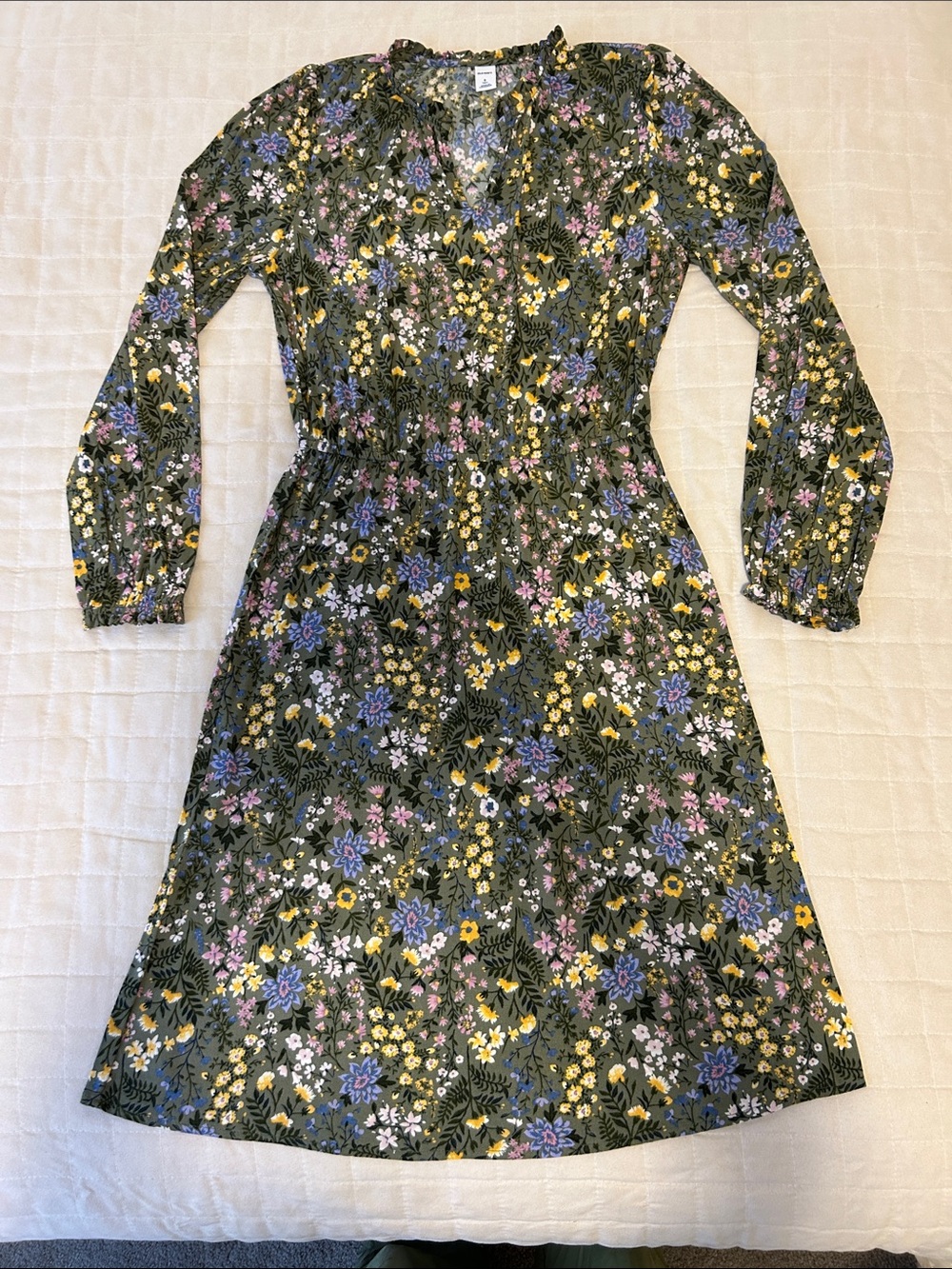 Old Navy Olive Green Floral Long Sleeve Waist-defined Dress Small Tall